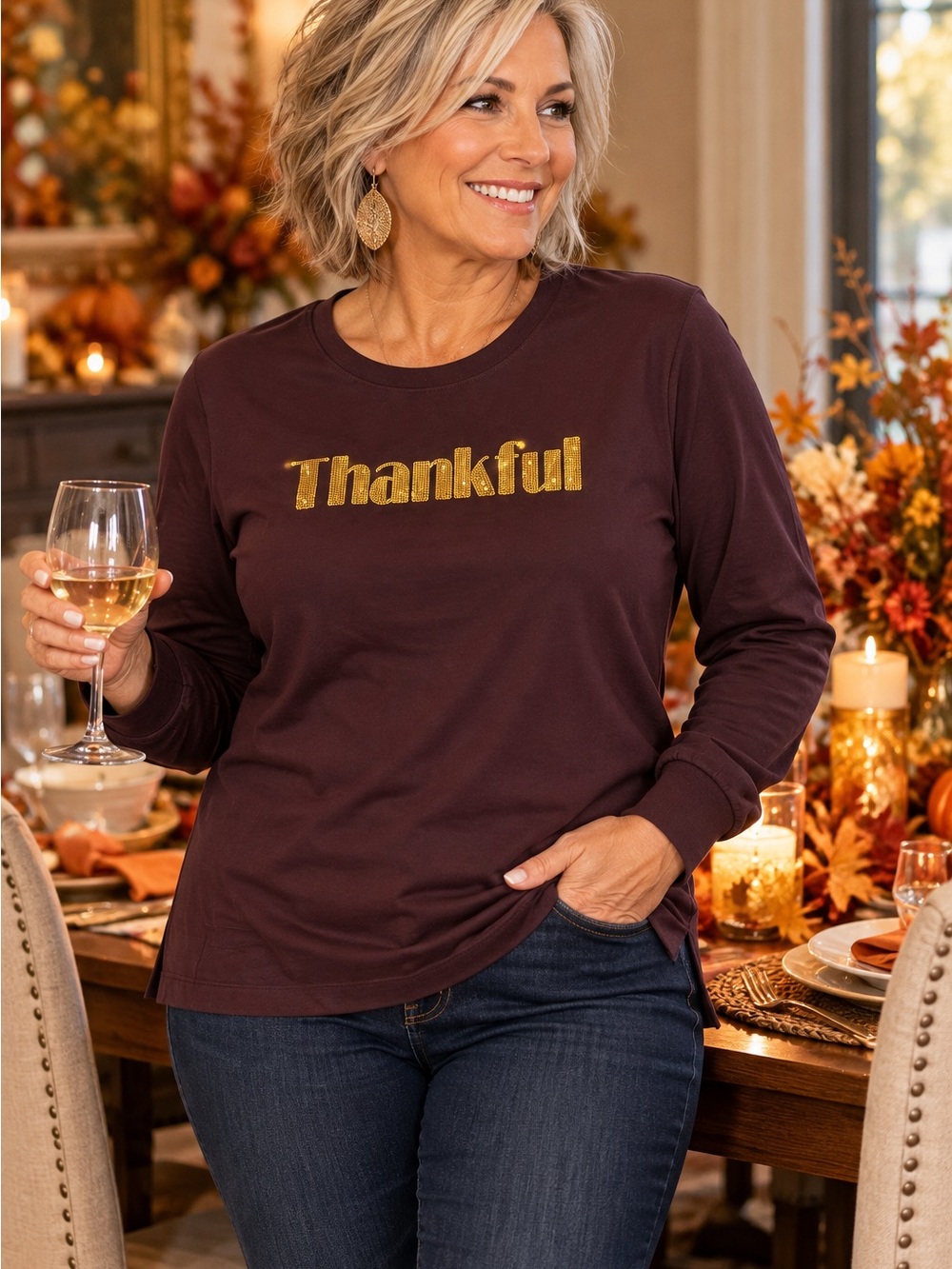 Women’s Long-Sleeve Crewneck Top with Gold 'Thankful' Text - Burgundy